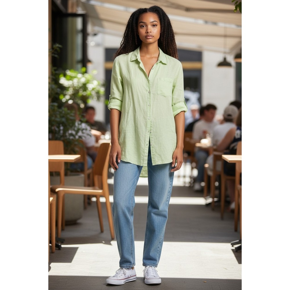Kyla Seo Handmade Linen Embroidered Button Down Shirt Lime Green Medium
